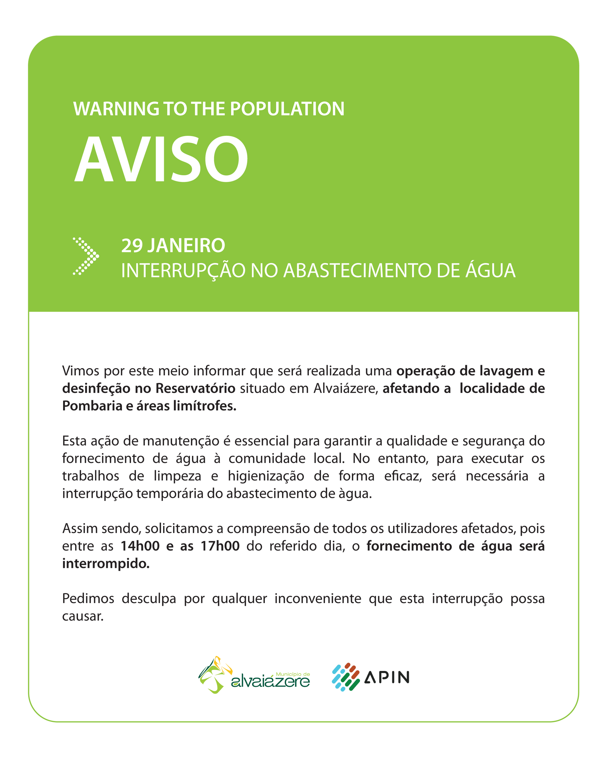 Aviso: Interrupção do Abastecimento de Água