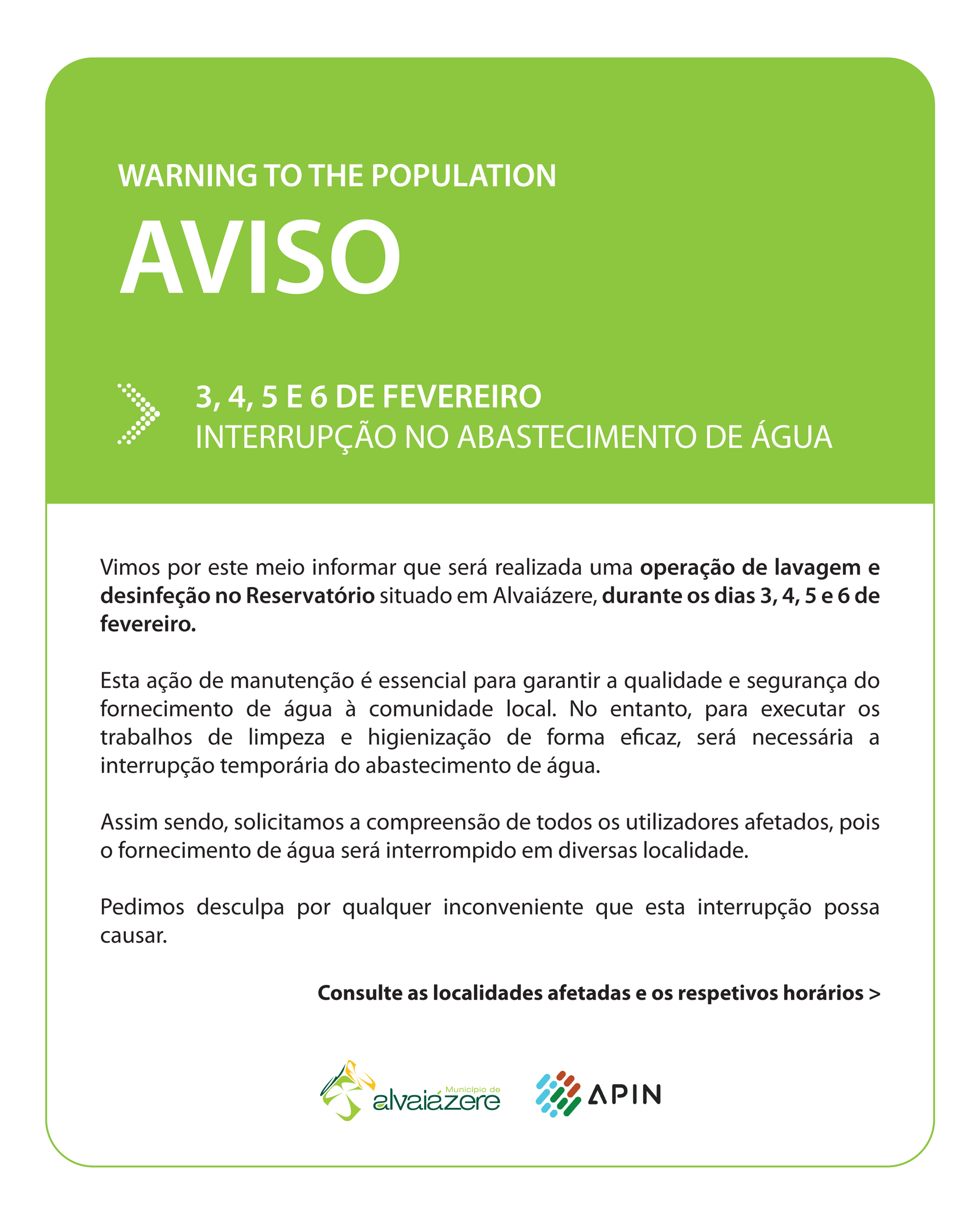 AVISO: Interrupção no abastecimento de água durante os dias 3, 4, 5 e 6 de fevereiro